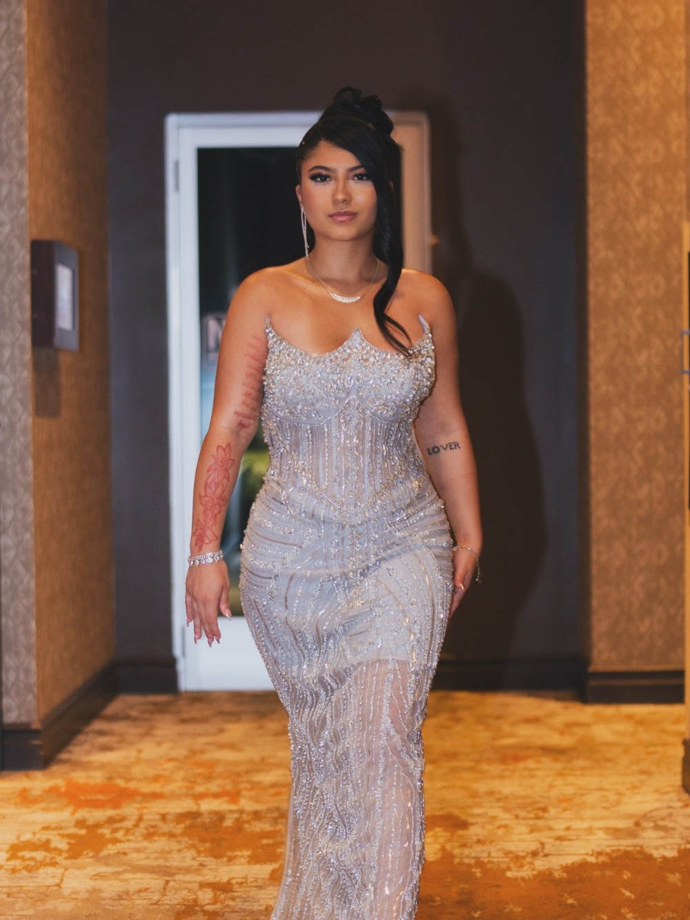 Women's Silver Beaded Prom Dress - Glamorous Formal Gown